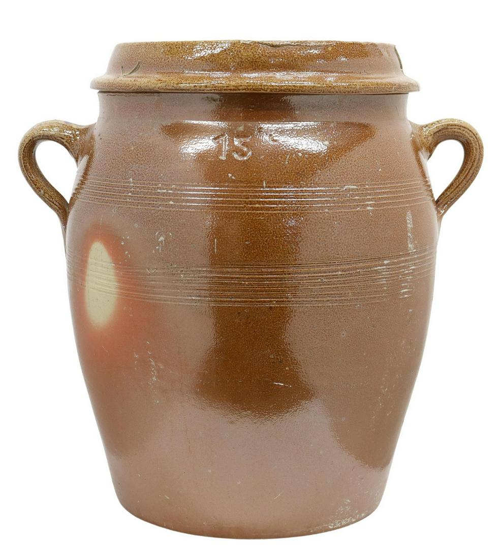 FRENCH PROVINCIAL STONEWARE GLAZED COVERED CROCK (1 of 4)