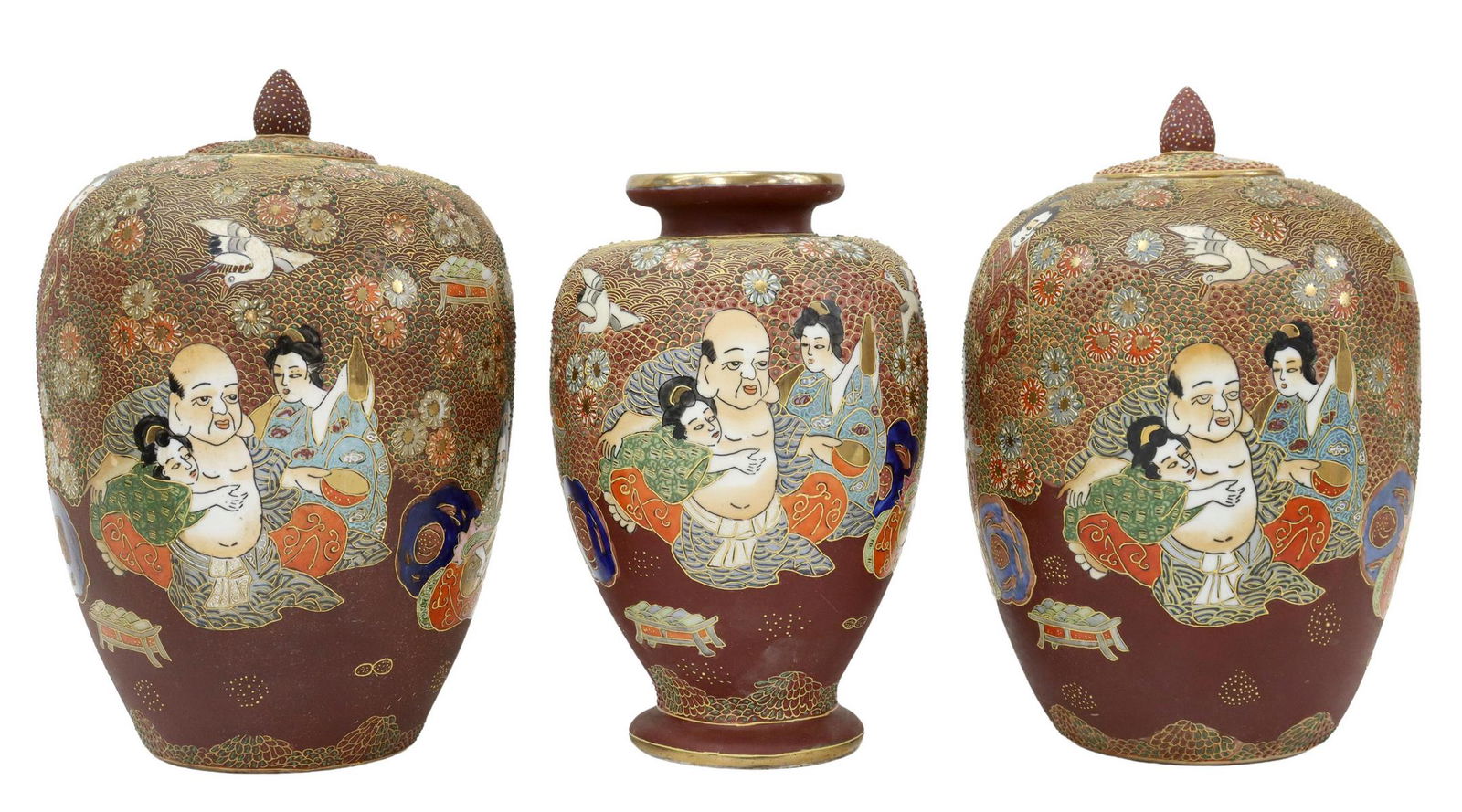 (3) SATSUMA STYLE ENAMELED PORCELAIN JARS & VASE (1 of 4)