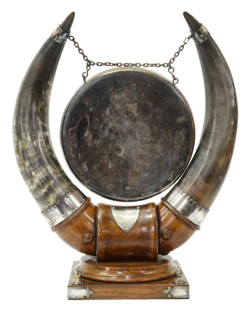 ENGLISH GRINSELL OAK, HORN & BRASS TABLE GONG (1 of 3)