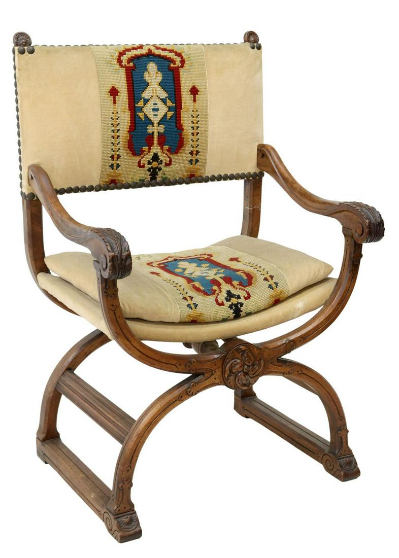 ITALIAN CARVED WALNUT CURULE ARMCHAIR (1 of 4)