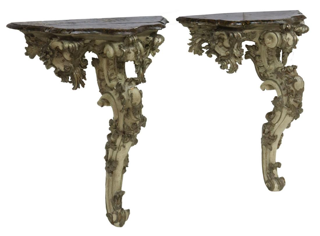 2) FINE ITALIAN PARCEL GILT WALL BRACKET CONSOLES: (pair) Italian bracket console tables, 18thc., each with painted wood grain top, over single scrolled bracket, with parcel gilt foliate motifs, small loss to carving, approx 37"h, 33.5"w, 16.5"d **Pro