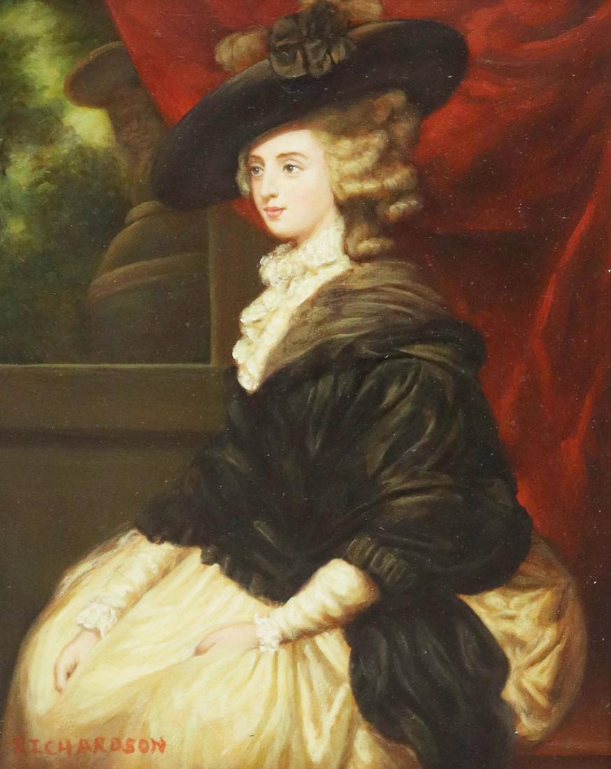 DECORATIVE PORTRAIT PAINTING AFTER JOSHUA REYNOLDS: Decorative oil on board painting, Portrait of Lady Cornewall, after Joshua Reynolds (British, 1723-1792), signed lower left Richardson, sight: 9.5"h, 7.5"w, overall: 19.5"h, 17.5"w, 5.5lbs **Provenanc