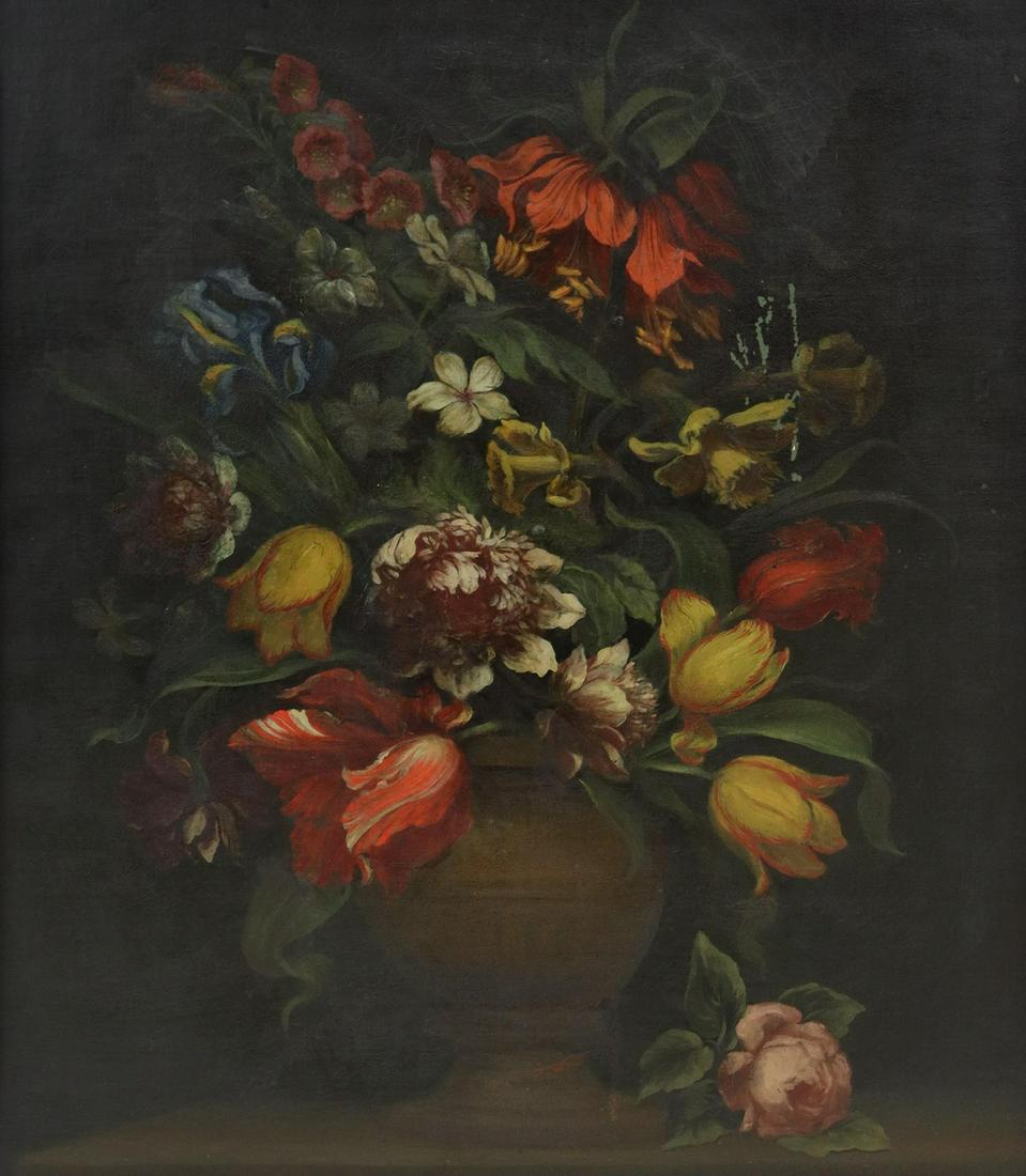 DUTCH SCHOOL FLORAL STILL LIFE PAINTING: Framed Dutch School oil on canvas painting, Vase with Flowers, relined, paint loss center right, restored tears along lower edge, sight: 29"h, 24.5"w, overall: 34"h, 29.5"w, 12lbs Start Price: $200.00