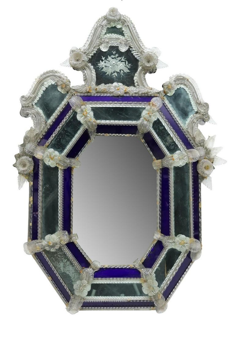 VENETIAN COBALT PANELED GLASS WALL MIRROR (1 of 5)