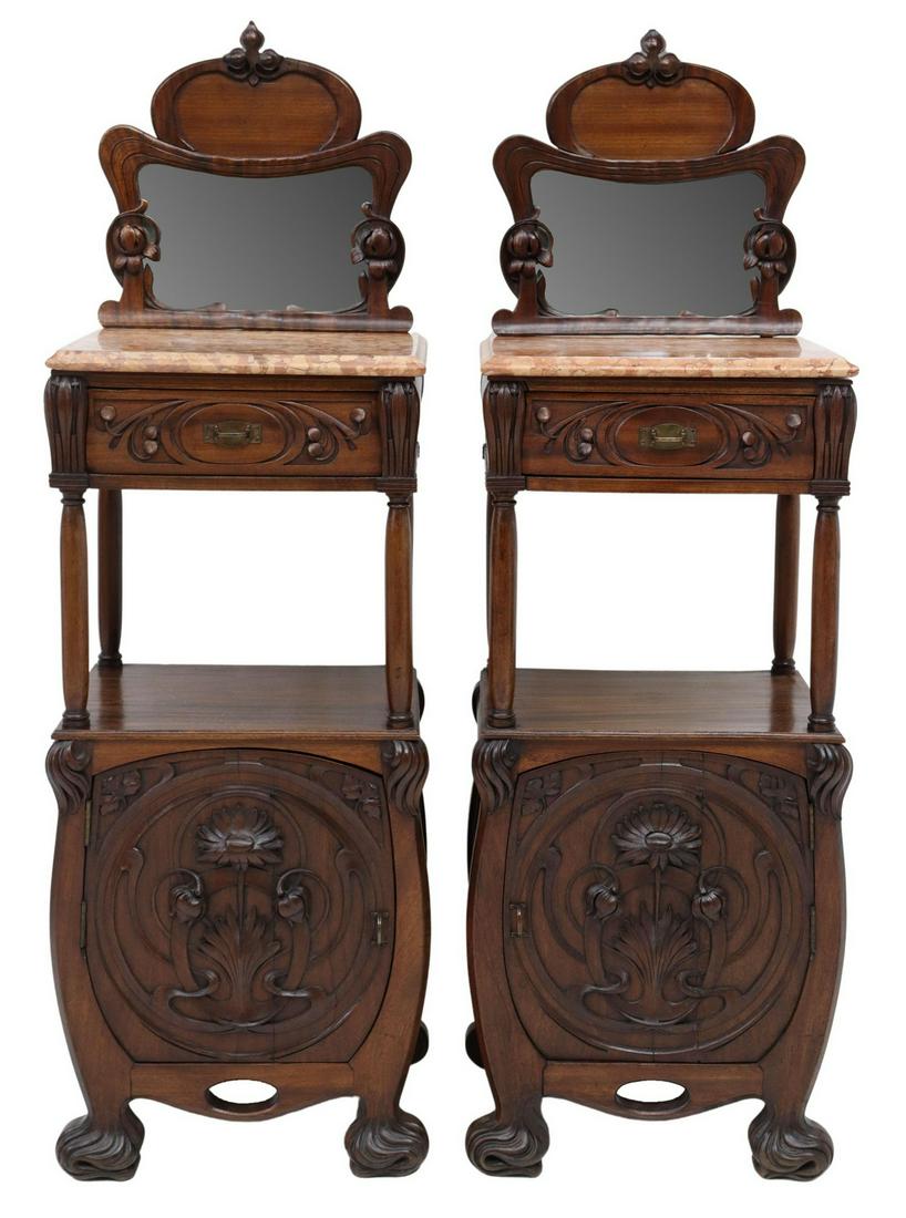 (2) ART NOUVEAU MARBLE-TOP MAHOGANY NIGHTSTANDS (1 of 7)