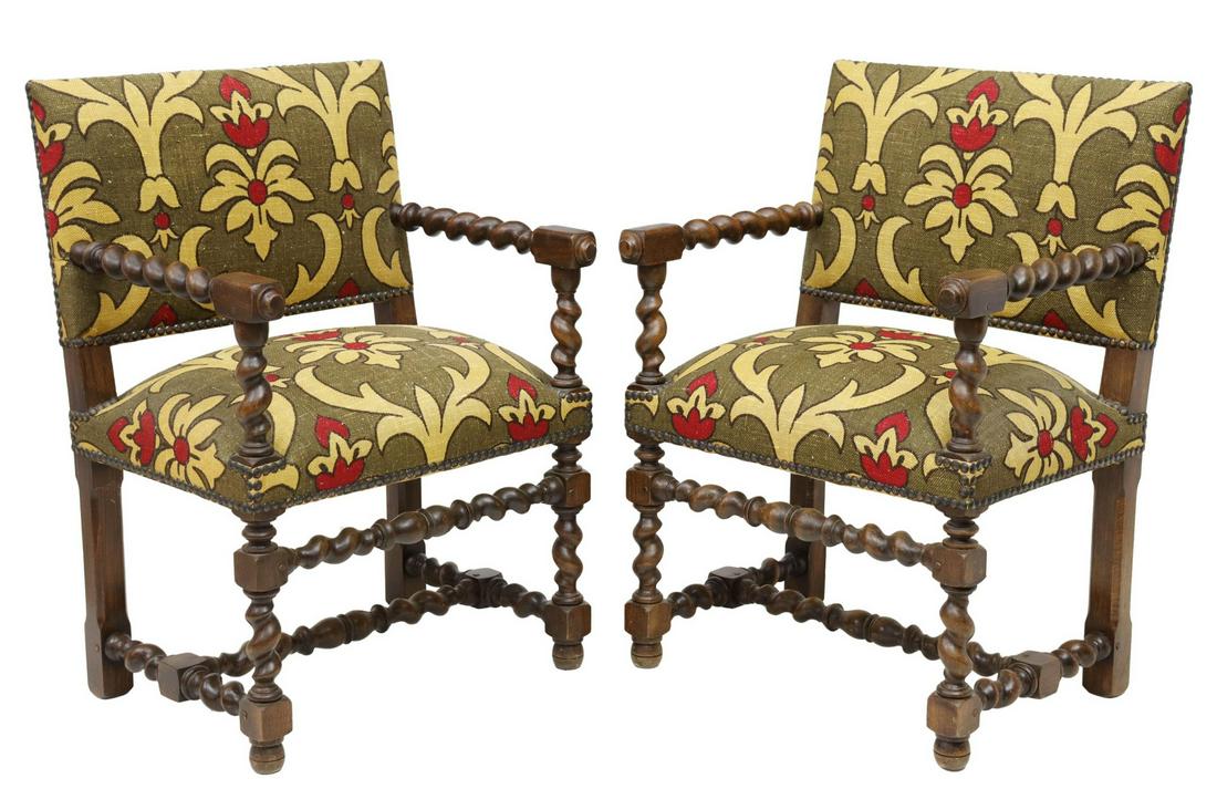 (2) FRENCH LOUIS XIII STYLE UPHOLSTERED FAUTEUILS (1 of 3)