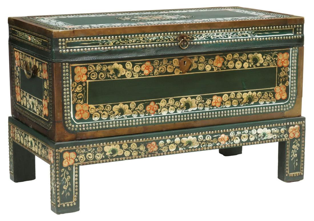 CHINESE EXPORT PAINTED LEATHER TRUNK ON STAND (1 of 5)