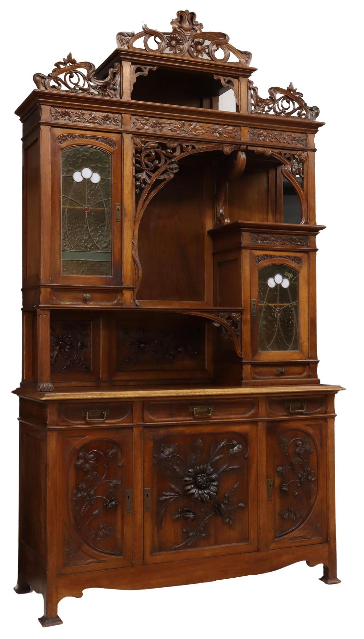 ART NOUVEAU CARVED WALNUT STAINED-GLASS SIDEBOARD (1 of 7)