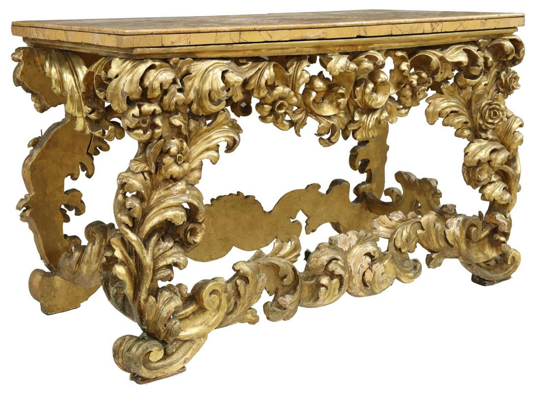 ITALIAN BAROQUE MARBLE-TOP GILTWOOD CONSOLE TABLE (1 of 5)