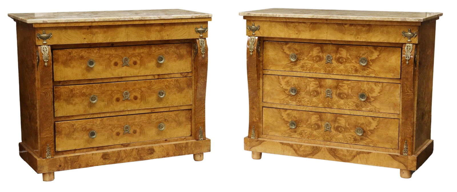 (2) EMPIRE STYLE MARBLE-TOP BURLED ELM COMMODES (1 of 5)