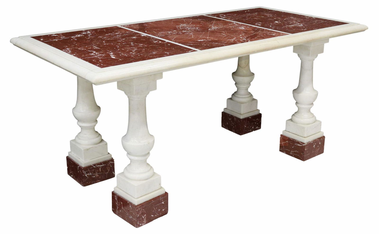 LARGE ROUGE & WHITE MARBLE COLUMN TABLE, 72"L (1 of 4)