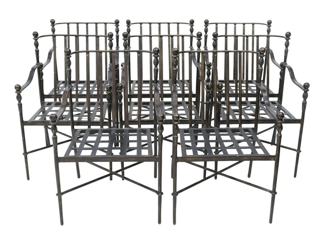 (8) MICHAEL TAYLOR MONTECITO ALUMINUM PATIO CHAIRS: (lot of 8) Outdoor patio dining arm chairs, attributed to Michael Taylor Designs, from the "Montecito" collection, 21st c., aluminum frame in a dark powder coated finish, with ball finials, curved arm