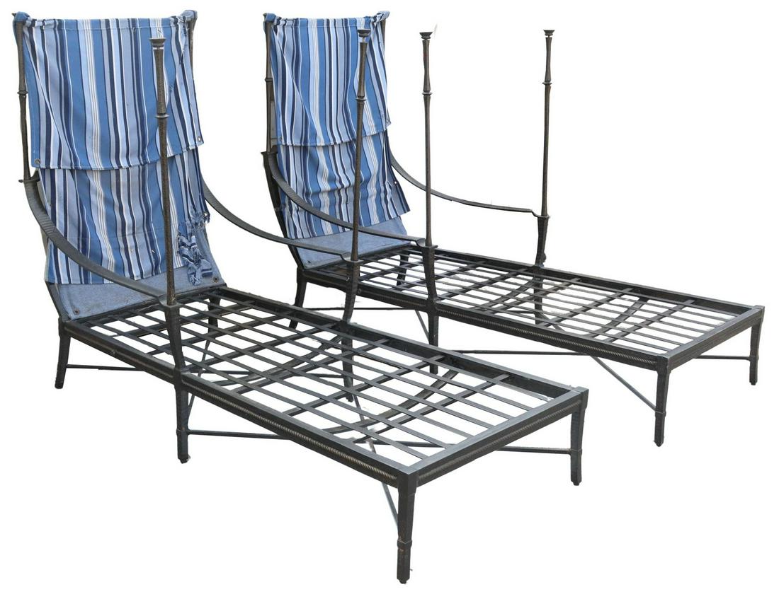 (2) CENTURY 'ANDALUSIA' OUTDOOR CANOPY CHAISES: (pair) Cast aluminum outdoor canopy chaise longues, designed by Richard Frinier (American, b.1946) for Century Furniture, from the "Andalusia" collection, 21st c., cast aluminum frame in an antiqued b