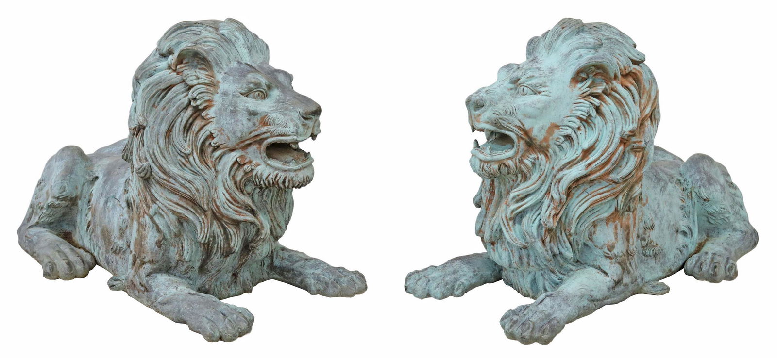 2) NEAR LIFE-SIZE VERDIGRIS BRONZE RECUMBENT LIONS (1 of 5)