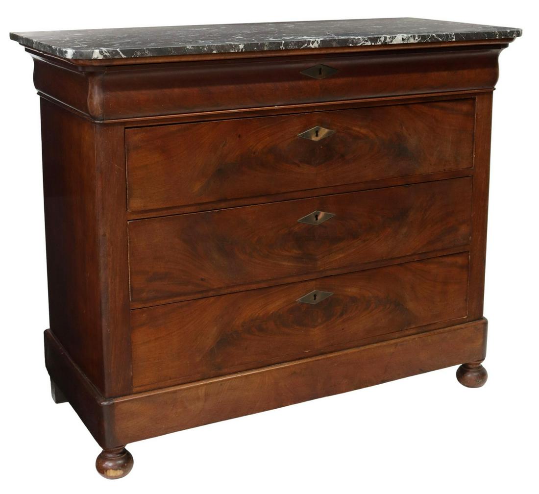 FRENCH LOUIS PHILIPPE MARBLE-TOP MAHOGANY COMMODE: French Louis Philippe period marble-top mahogany commode, mid 19th c., ogee frieze drawer, over three additional drawers, rising on bun feet, approx 39.25"h, 47.5"w, 22"d Start Price: $450.00