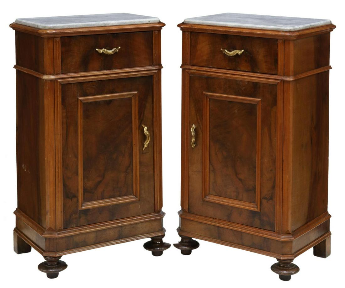 (2) ITALIAN MARBLE-TOP WALNUT BEDSIDE CABINETS (1 of 6)