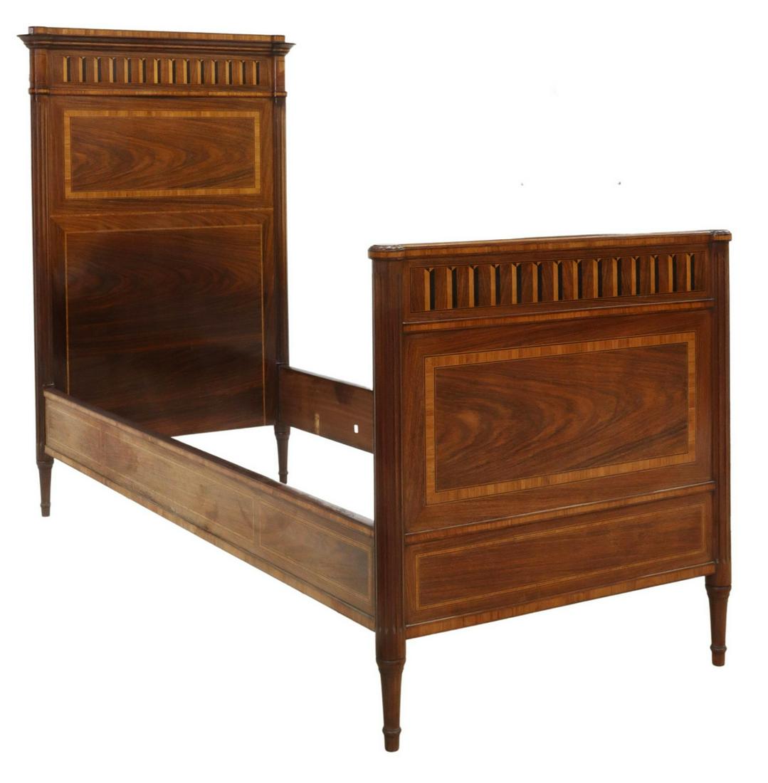 LOUIS XVI STYLE BANDED ROSEWOOD BED: Louis XVI style rosewood bed, early 20th c., headboard and footboard with parquetry frieze, joined by rails with contrasting banding, fluted corner posts continuing to tapered legs, exterior: approx 6