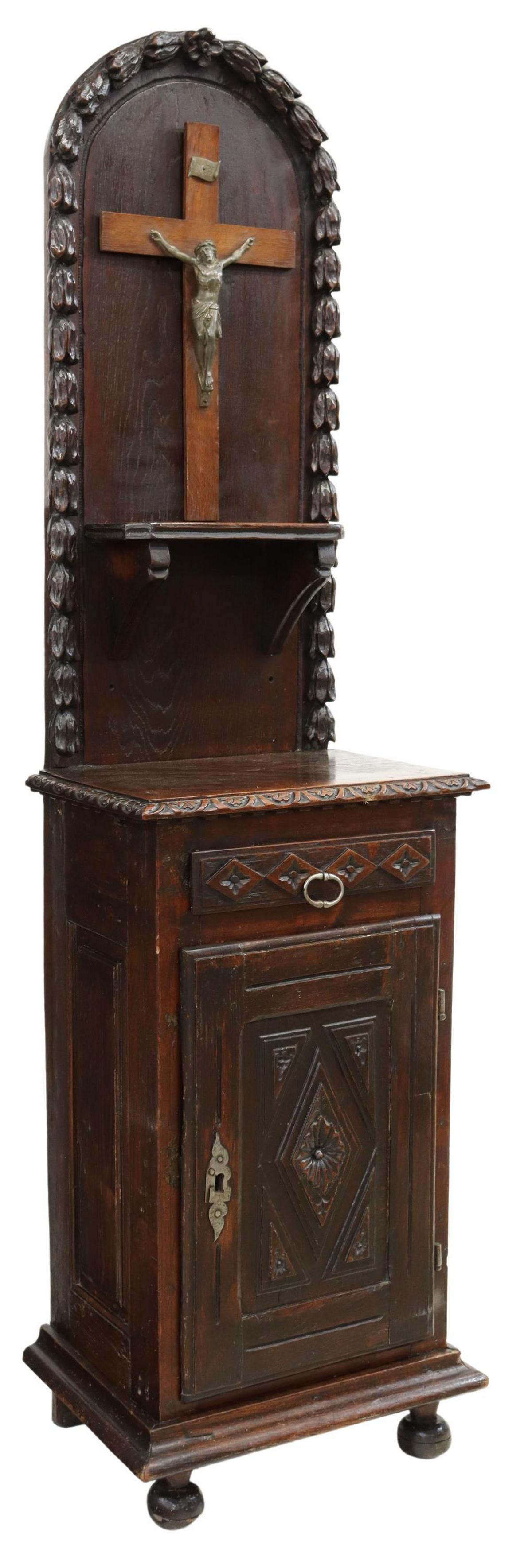 FRENCH CARVED OAK HALL CABINET WITH CRUCIFIX (1 of 6)