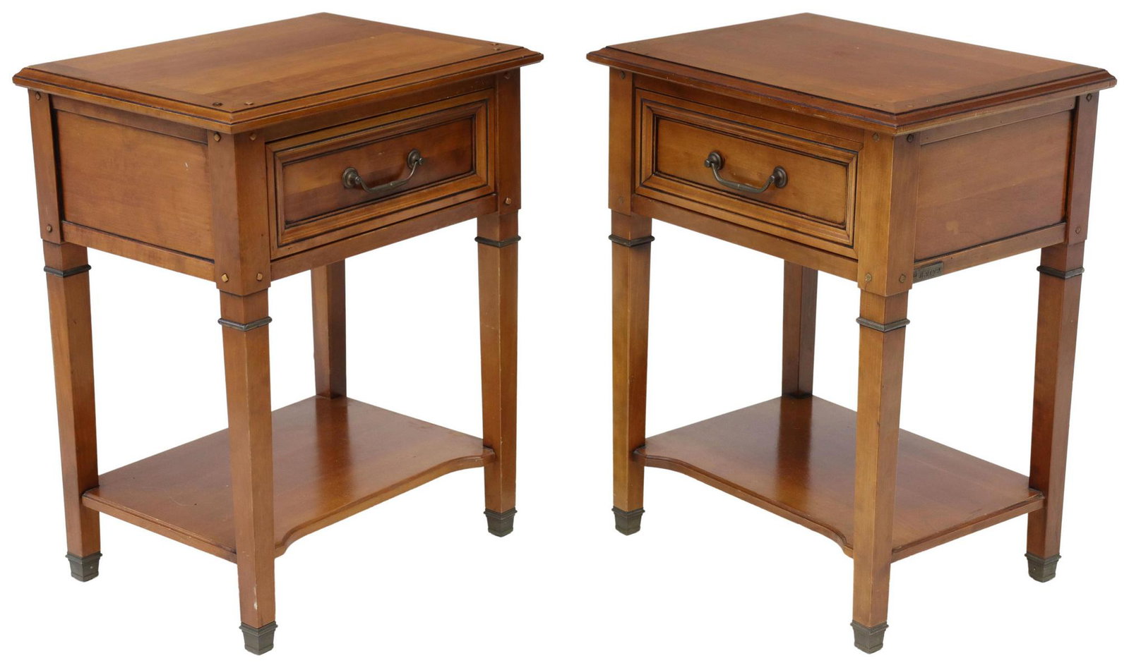 (2) FRENCH LOUIS XVI STYLE FRUITWOOD NIGHTSTANDS: (pair) French Louis XVI style fruitwood nightstands, Grange Furniture, late 20th c., each having rectangular top, over case fitted with single drawer, rising on tapered legs, joined by medial shelf, e