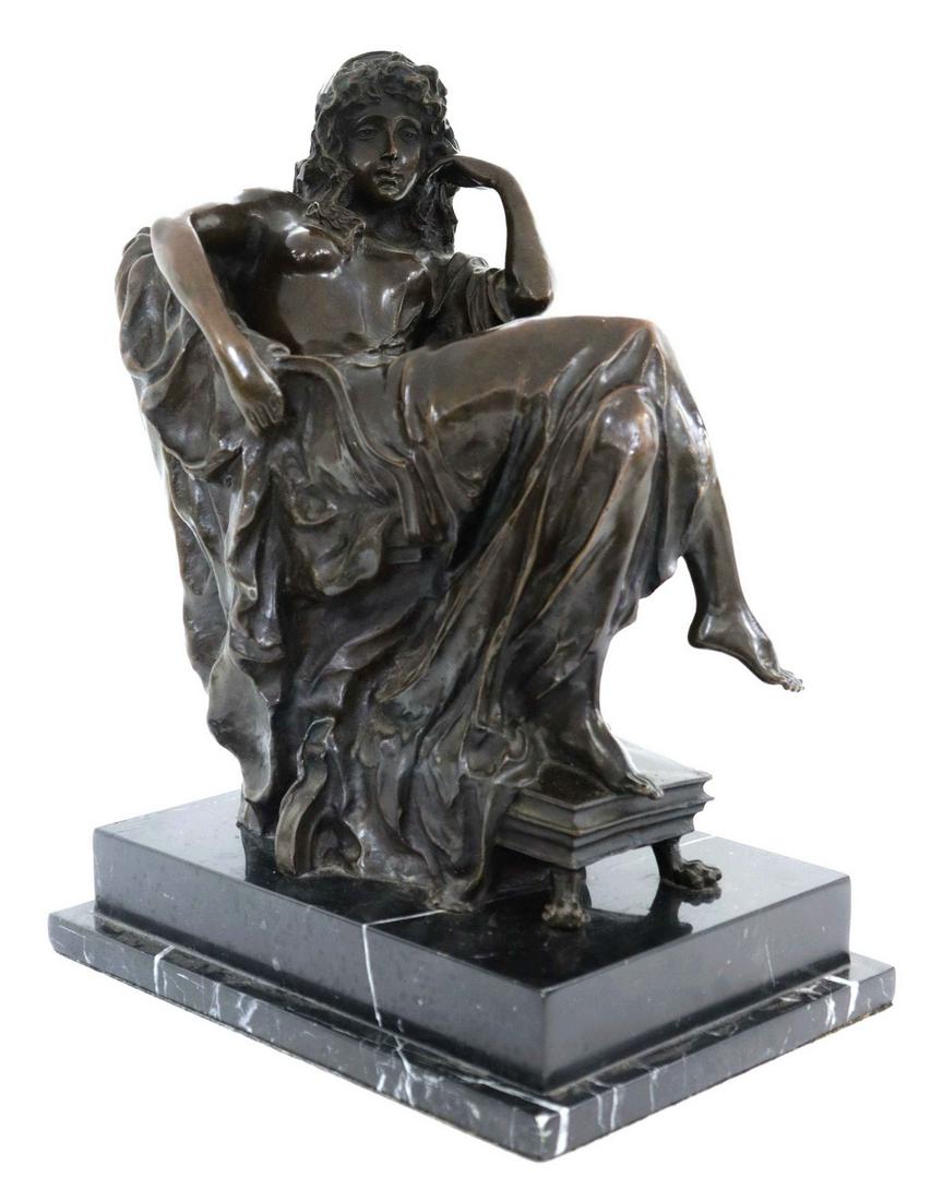 AFTER CARPEAUX PATINATED BRONZE RECLINING BEAUTY: Patinated bronze sculpture, modeled as a reclined, semi-nude beauty, unsigned, after Jean-Baptiste Carpeaux (French, 1827-1875), on a black marble stepped plinth, approx 16"h, 8.5"w, 12"d, 37lbs Start