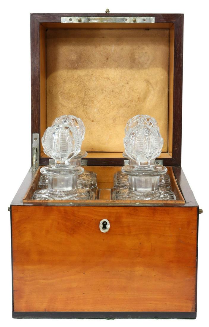 ENGLISH FRUITWOOD DECANTER BOX & GLASS DECANTERS (1 of 4)