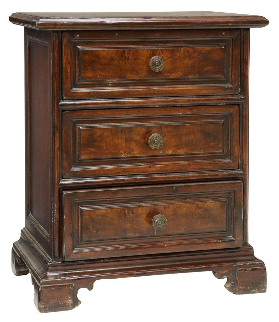 ITALIAN THREE-DRAWER NIGHTSTAND: Italian bedside table, 20th c., having molded case, fitted with three drawers, gilt metal pulls, rising on shaped bracket feet, approx 25.5"h, 21.75"w, 13.75"d Start Price: $100.00