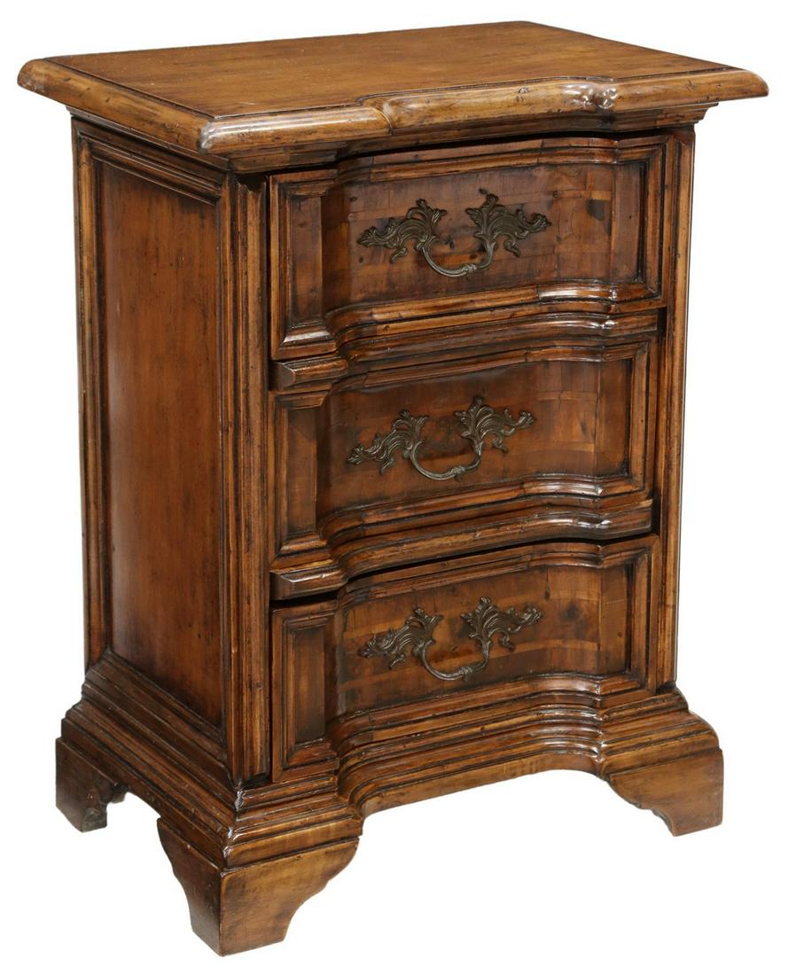 ITALIAN BAROQUE STYLE WALNUT 3-DRAWER NIGHTSTAND: Italian Baroque style walnut nightstand, 20th c., having a shaped top, over case fitted with three banded drawers, rising on bracket feet, approx 28.5"h, 22.25"w, 14.5"d Start Price: $100.00