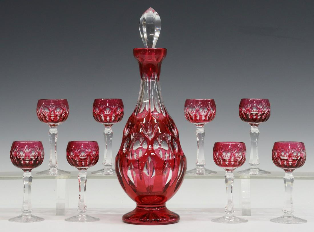 (9) CRANBERRY CUT-TO-CLEAR GLASS LIQUOR SET (1 of 4)
