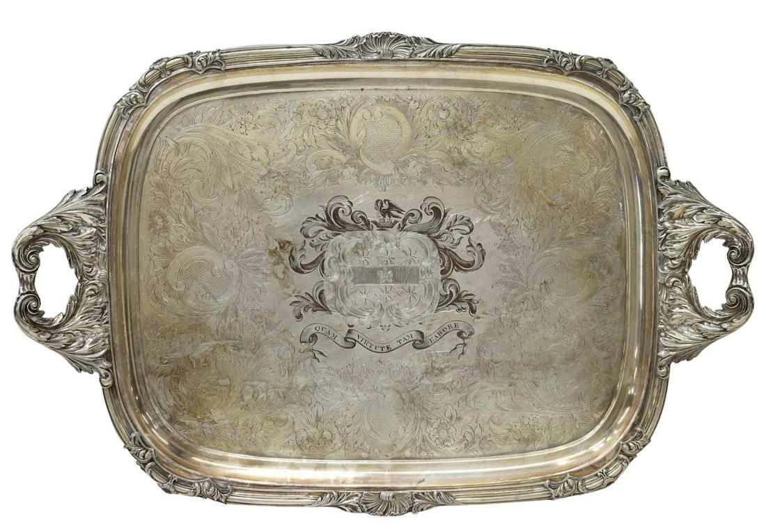 LARGE ENGLISH SILVERPLATE ARMORIAL HANDLED TRAY (1 of 4)