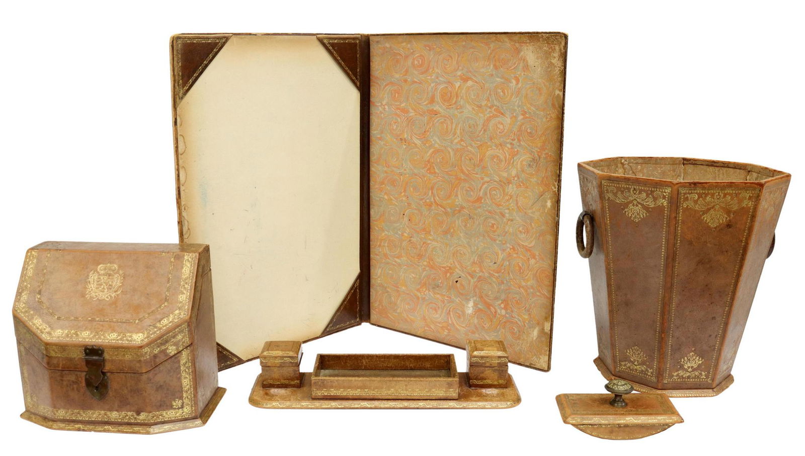 (5) GILT EMBOSSED LEATHER & MARBLED PAPER DESK SET (1 of 4)