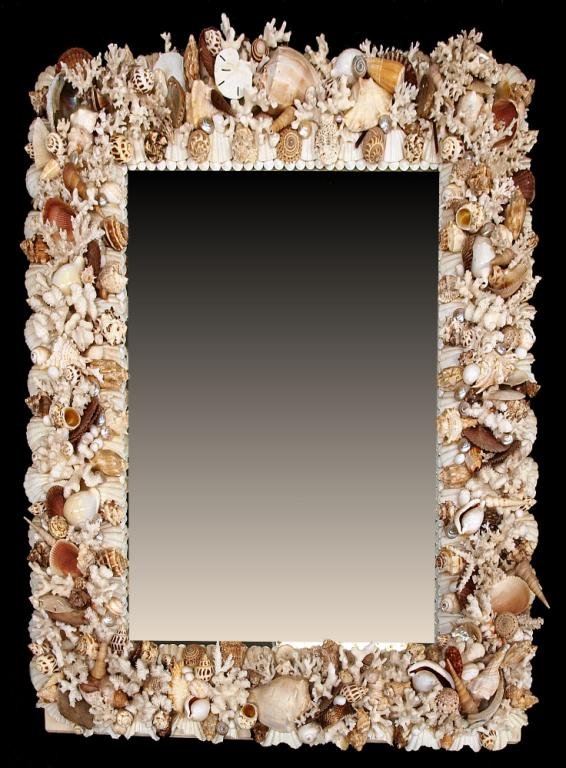 LARGE CUSTOM SEASHELL & CORAL WALL MIRROR: Large rectangular wall mirror encrusted with hundreds of seashells and coral pieces, glass: 28"h, 20"w; overall: 42"h, 35"w