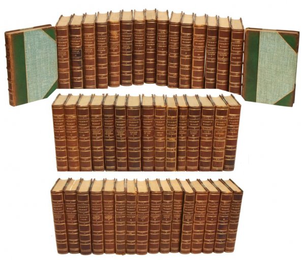 LEATHER BOOKS, COMPLETE WORKS OF CHARLES DICKENS: Books: The complete 48 volume set, Dickens' Works published 1891 Dodd, Mead, and Company, New York, illustrations throughout, gilt leather and fabric bindings, some bindings with some wear and loosene