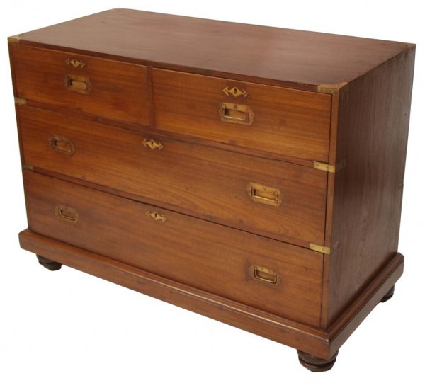 BRITISH COLONIAL BRASS BOUND CAMPAIGN CHEST: British Colonial brass bound teakwood campaign chest, 19th c., two sections having drawers with inset brasses and side carrying handles, raised on short feet, 34"h, 46"w, 22"d