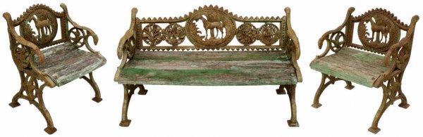 ORNATE CAST IRON COLONIAL RAILWAY STATION BENCHES: (lot of 3) Cast iron garden furniture with slatted wood seats, the suite showing remnants of a painted finish, comprising (1) long garden bench, 30"h, 49"w, 25"d, and (2) companion chairs, each having