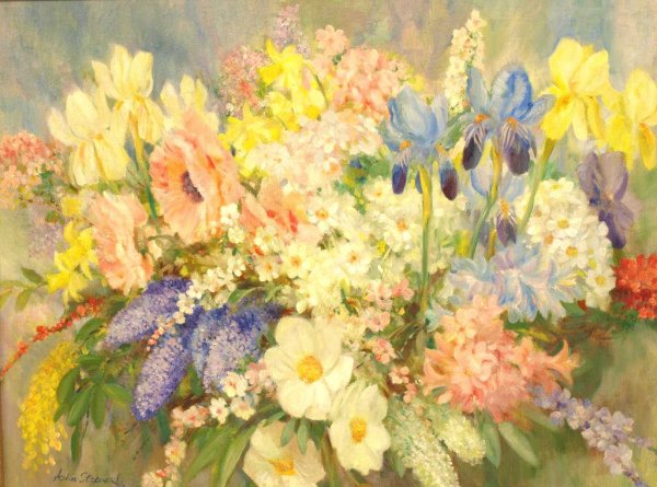 PAINTING, FLOWERS OF SPRING, JOHN STREVENS: Framed oil on canvas, "Flowers of Spring", signed lower left John Strevens (British 1902-1990) , titled and signed on canvas verso, sight: 29.5"h, 39"w, overall: 37.5"h, 47.25"w, 11lbs total; **Note: