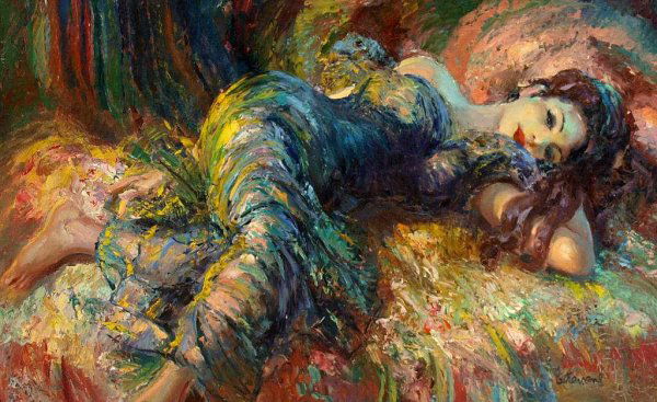 PAINTING, A BEAUTY, JOHN STREVENS (BRITISH): Framed oil on board, an Impressionistic portrait of a reclining beauty, signed lower right Strevens (John Strevens, British 1902-1990), some craquelure with some minor flakes in paint, sight: 26.5"h,