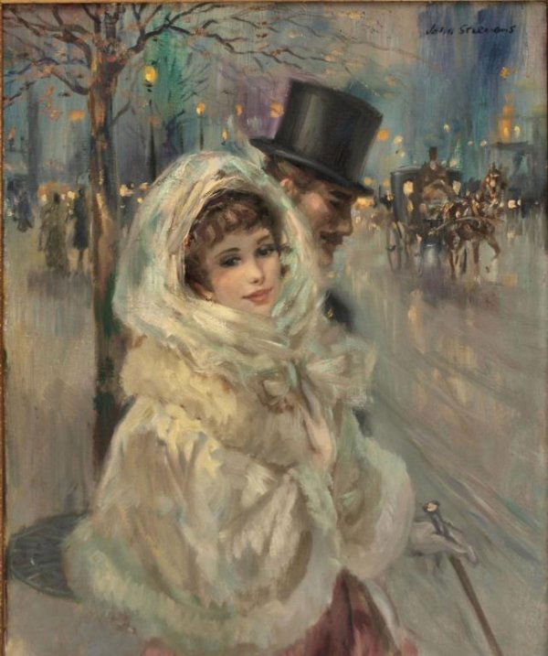 PAINTING, TO THE OPERA, JOHN STREVENS (BRITISH): Framed oil on canvas, "To the Opera" signed upper right John Strevens (British 1902-1990), titled and signed on canvas verso, sight: 19.5"h, 15.5"w, overall: 24.5"h, 20.5"w, 4.25 lbs total**Note: John