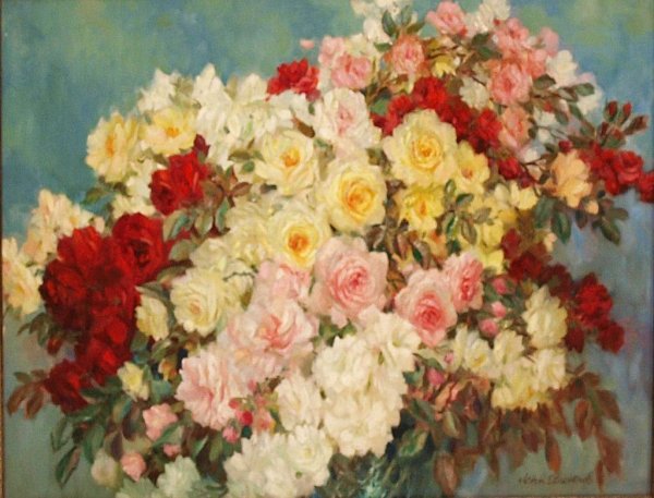 PAINTING, ROSES, JOHN STREVENS (BRITISH 1902-1990): Framed oil on canvas, 'Les Roses', signed lower right John Strevens (British, 1902-1990), additionally signed and titled verso with several bars of Olivier Metra's 'Les Roses Waltz', gallery label sta