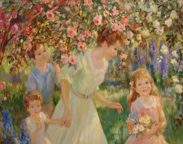 PAINTING, THE ROSE ARCH, JOHN STREVENS (BRITISH): Framed oil on canvas, 'The Rose Arch', signed upper left John Strevens (British, 1902-1990), titled and additionally signed at verso, sight: 28"h, 39"w; overall: 34.5"h, 44.5"w; 13lbs**Note: John Stre