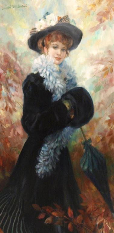 PAINTING,LA DAME D'AUTOMNE,JOHN STREVENS (BRITISH): Framed oil on canvas, Impressionist style, 'La Dame d'Automne', signed upper left John Strevens (British 1902-1990), titled and additionally signed verso, sight: 48"h, 23"w; overall: 55.5"h, 31"w**Not