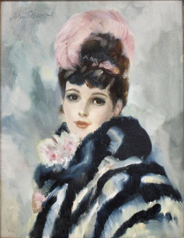 PAINTING, ANITA, JOHN STREVENS (BRITISH 1902-1990): Framed oil on canvas, "Anita" signed upper left John Strevens (British 1902-1990), titled and signed on canvas verso, sight: 17.5"h, 13.5"w, overall: 21.5"h, 17.5"w, 2.75 lbs total**Note: John Streven