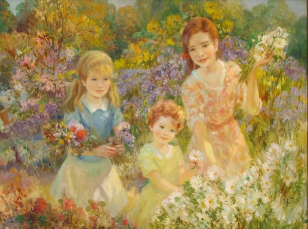 PAINTING, GATHERING FLOWERS, JOHN STREVENS: Framed oil on board, 'Gathering Flowers' signed lower left John Strevens (British, 1902-1990), titled and additionally signed verso, sight: 29.5"h, 39"w; overall: 36"h, 46"w; 14lbs**Note: John Streven