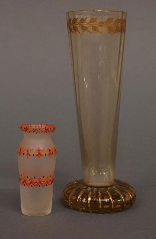 (2) GALLE & DAUM NANCY VASES: (lot of 2) Vases, (1) Galle, 6" high, flared neck on squat ribbed base with gilt foliate decoration, gilt signed at base "Galle Nancy"; (1) Scarce, Daum miniature vase, frosted glass of baluster form,