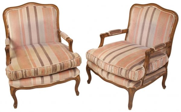 CUSTOM A. RUDIN DESIGNS LOS ANGELES BERGERE CHAIRS: (pair) Custom upholstered bergere chairs, A. Rudin Designs of Los Angles, each having a wood frame raised on cabriole legs, padded back, loose cushion with ruched detail, padded arm rests, upholstery 