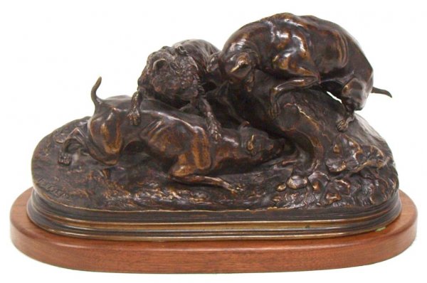 BRONZE FIGURAL GROUP, HUNTING DOGS, PJ MENE: Bronze animalier sculpture, three hunt dogs at the foxhole, signed PJ Mene ( Pierre Jules Mene, French, 1810-1879), raised on a new wood base, 9.75"h, 17"w, 8"d, 22lbs