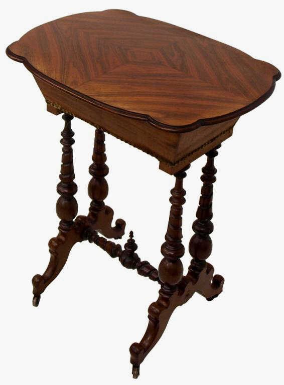 FRENCH SEWING OR WORK BOX ON A TURNED BASE: French work or sewing table composed of antique elements, the shaped top faced with rosewood laid in a diamond pattern, carcass lacking veneer, the base with spiral and other turnings, raised on caste