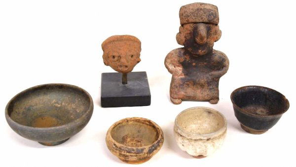 CENTRAL & SOUTH AMERICAN EARTHENWARE GROUPING: (lot of 6) Central and South American pottery comprising: (1) Pre-Columbian style figure, 6.5"h, 4"w; (1) Pre-Columbian style head raised on black marble base, 4"h, 3.5"w; (1) small bowl of ribbed squ