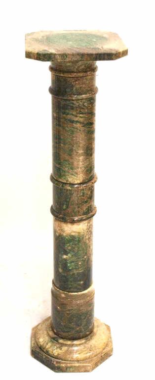 ITALIAN HAND CARVED GREEN ALABASTER PEDESTAL: Italian alabaster pedestal, the hand carved stand in a rich green and yellow with removable top, 39"h, 10"d