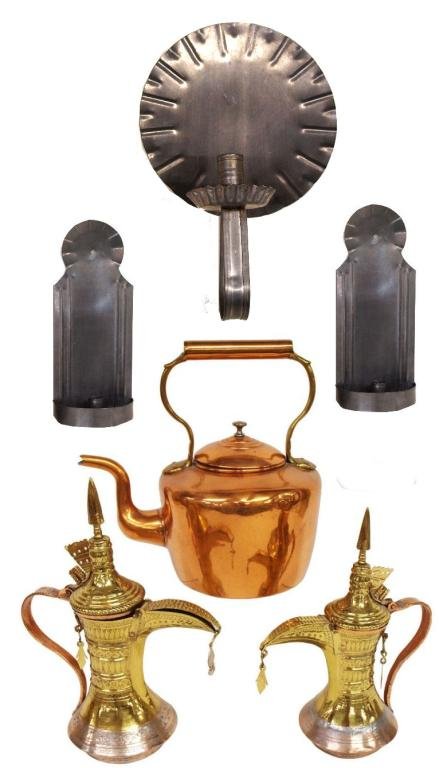 MIDDLE EASTERN COPPER/BRASS EWERS, ENGLISH KETTLE: (lot of 6) Pair Middle Eastern copper and brass ewers, c.1940, elaborate hand chased ornamentation, embellished with brass dangles, tall finials, some restoration, 12"h, 9.5"w; together with a Soutter