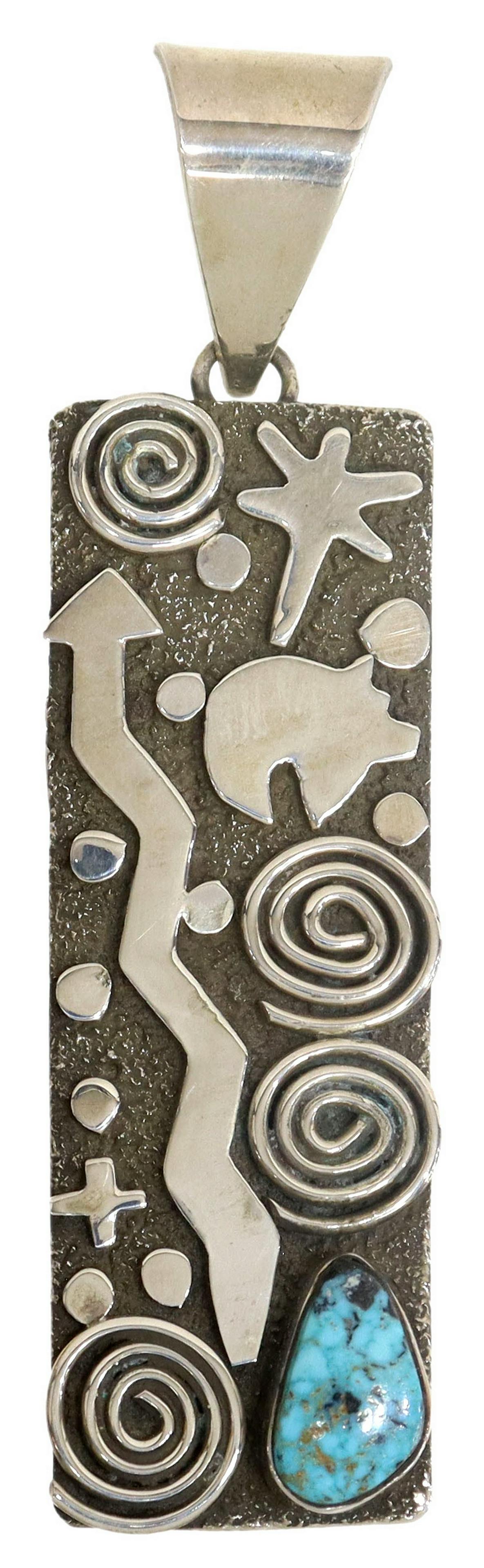 ALEX SANCHEZ NAVAJO STERLING PETROGLYPH PENDANT: Native American sterling silver petroglyph pendant, signed Alex Sanchez (Navajo, b. 1969), lightning, bear, dragonfly, hand of man and spiral design, small bezel set turquoise stone to the lower right